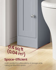Slim cabinet beside a toilet with its small floor footprint marked