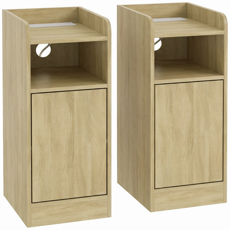 Set of 2 oak slim bedside tables with open shelf and closed cabinet door