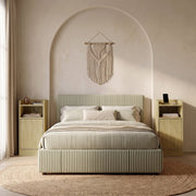 Pair of oak slim bedside tables either side of a bed in a neutral bedroom