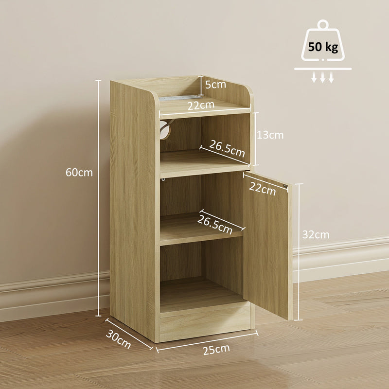 Dimensions diagram for the oak table showing 25 x 30 x 60 cm and compartment sizes