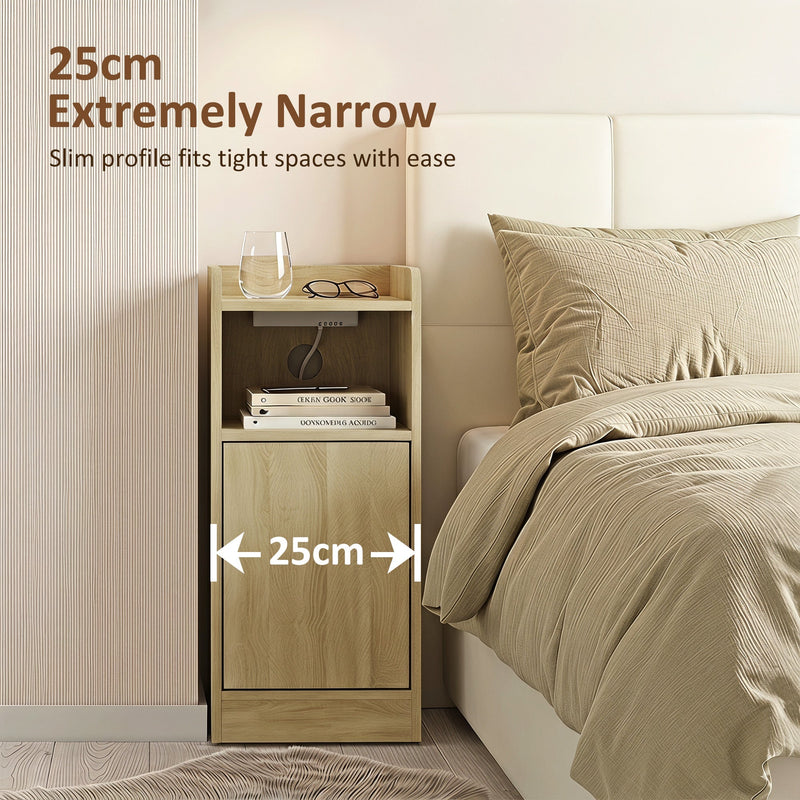 Graphic showing the oak table is only 25 cm wide beside a bed