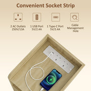 Oak top tray socket strip with 2 UK outlets, USB and Type-C charging a phone
