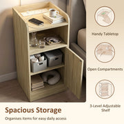 Oak table with cabinet door open showing tabletop, open shelf and adjustable shelf