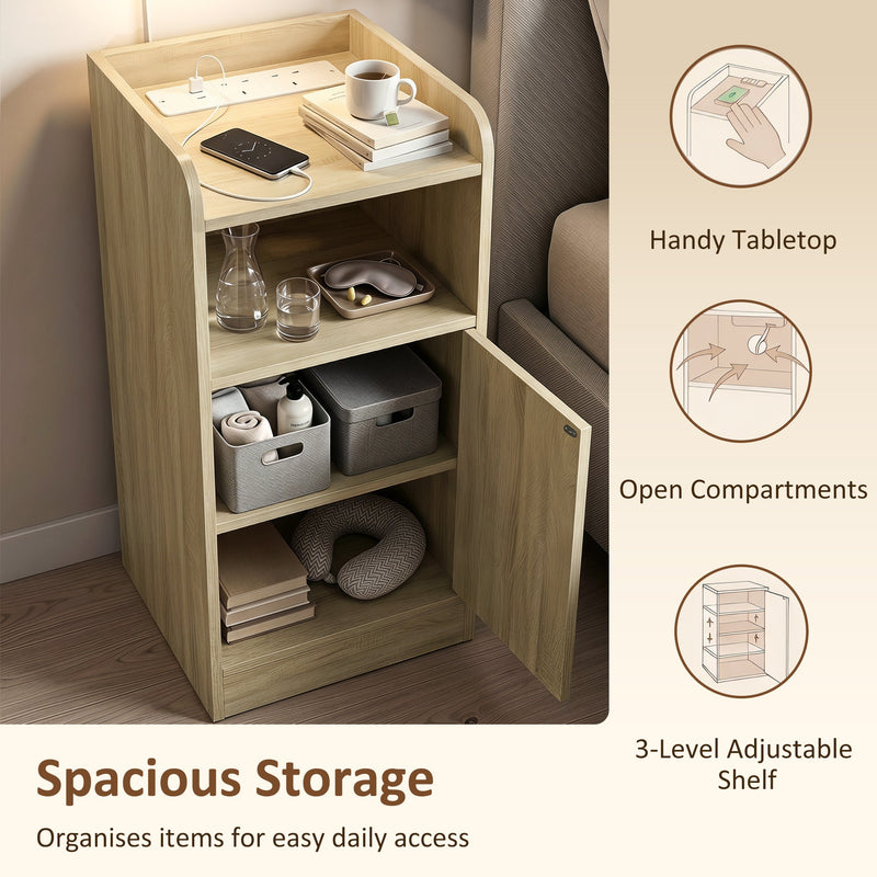 Oak table with cabinet door open showing tabletop, open shelf and adjustable shelf