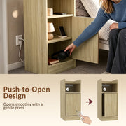Push-to-open graphic showing the oak door opening with a gentle press