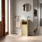 Oak slim table used as a hallway console beside a front door