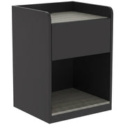 Homcom slim bedside table in black and grey wood effect, angled view showing drawer and open shelf