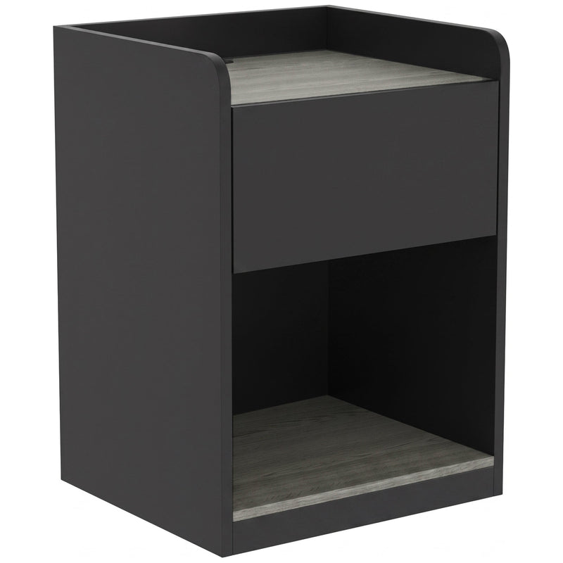 Homcom slim bedside table in black and grey wood effect, angled view showing drawer and open shelf