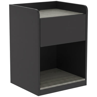 Homcom slim bedside table in black and grey wood effect, angled view showing drawer and open shelf