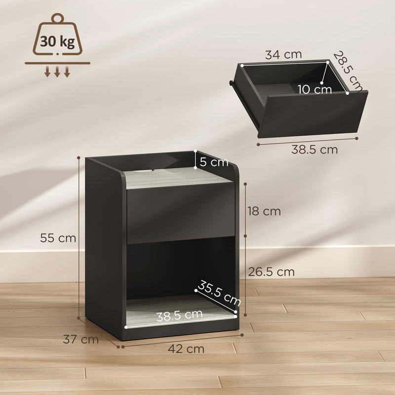 Dimensions diagram showing the bedside table 42cm wide, 37cm deep and 55cm high with drawer and shelf measurements