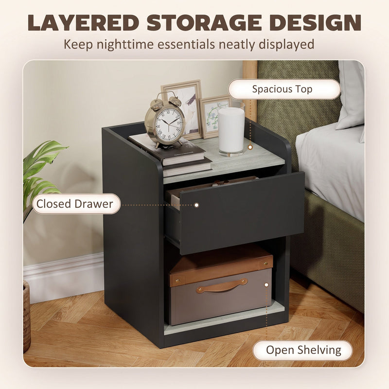 Layered storage design infographic showing the spacious top, closed drawer and open shelving