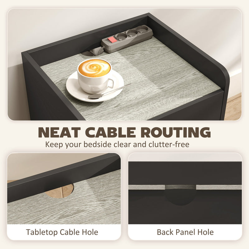 Close-up of the cable holes in the tabletop and back panel for neat cable routing