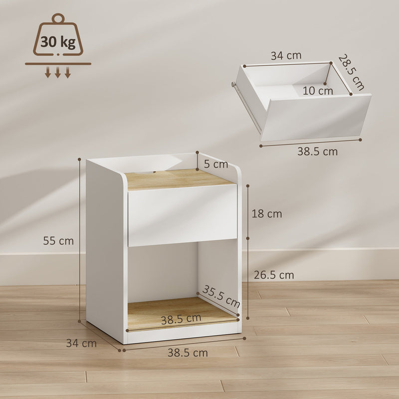 Dimensions diagram for the HOMCOM white and oak bedside table showing 38.5 x 34 x 55 cm overall size and drawer interior