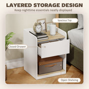 Close-up of the drawer and open shelf storage layers on the bedside table
