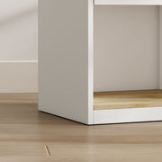Close-up of the oak-finish base and shelf corner of the bedside table
