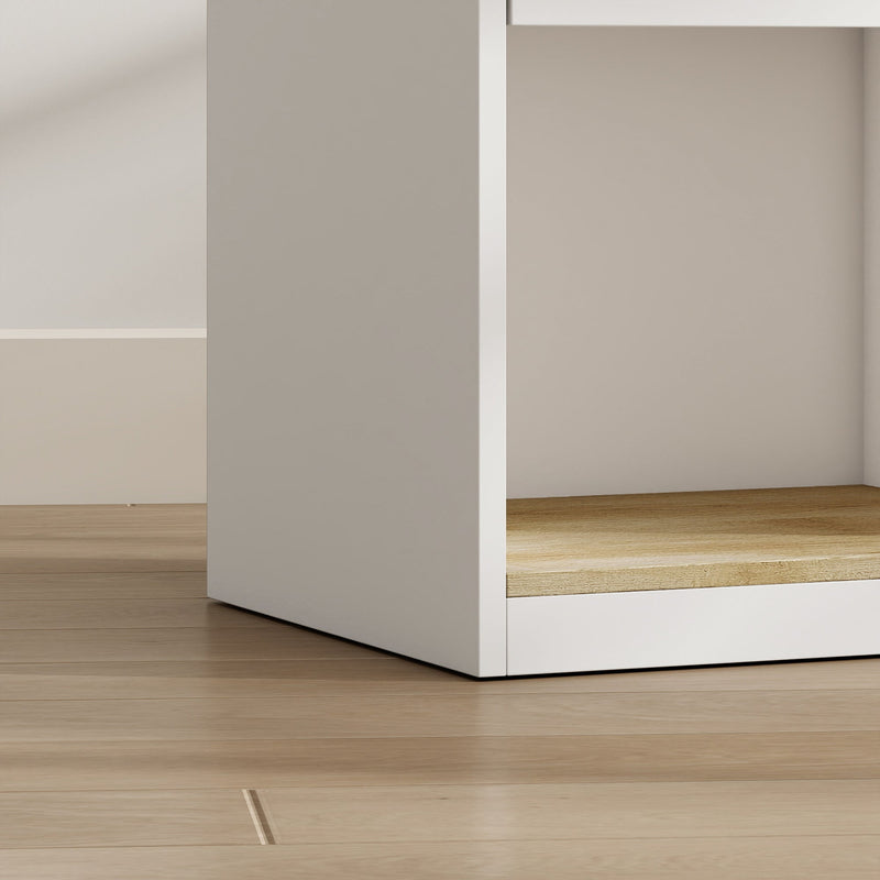 Close-up of the oak-finish base and shelf corner of the bedside table