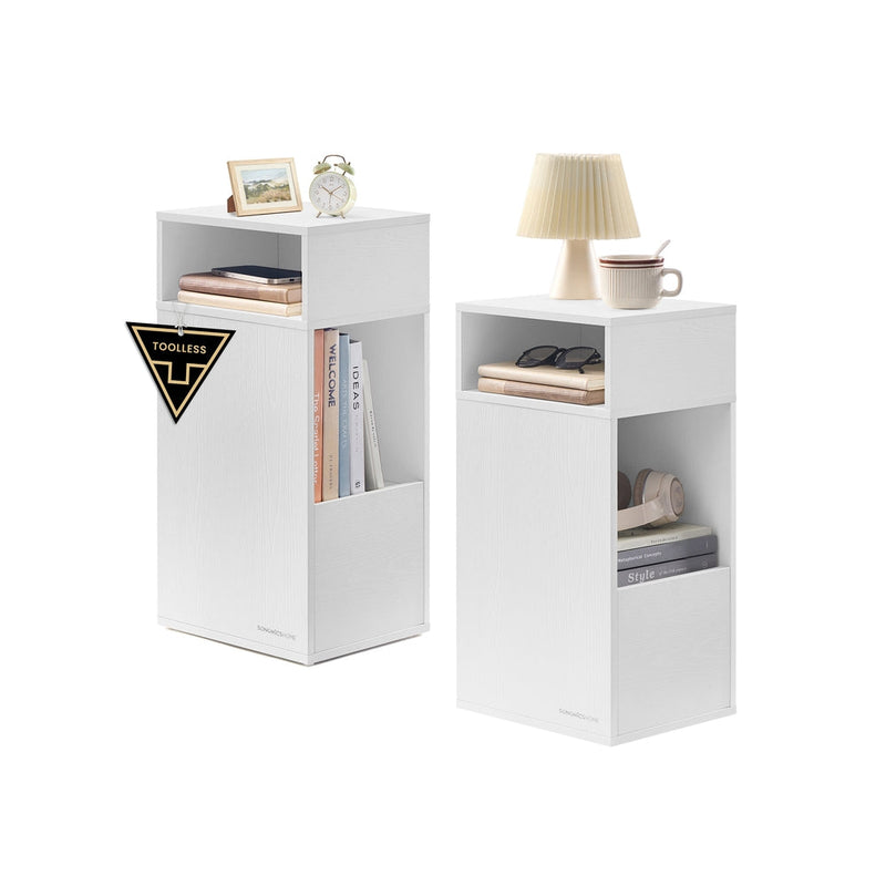 Slim bedside tables set of 2 by Songmics, white, front view showing open shelf and drawer