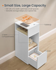 Close-up of Songmics nightstand drawer and open storage shelf
