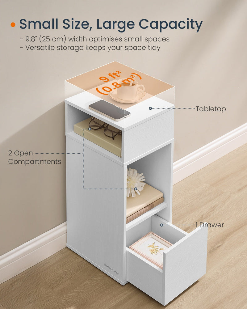 Close-up of Songmics nightstand drawer and open storage shelf