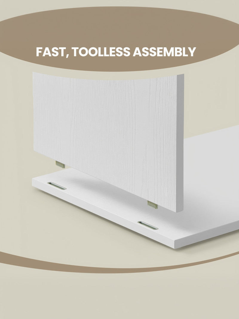 White panels clipping together without tools to show the toolless assembly system