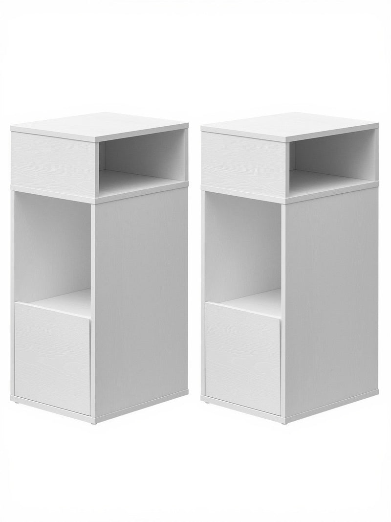 Both white slim bedside tables shown empty side by side against a white background