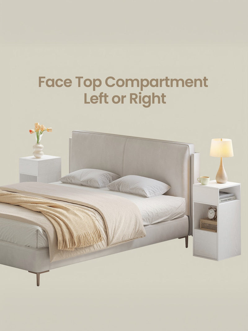 Graphic showing a table either side of a bed with the top compartment facing left or right