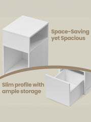 Close-up of the open top compartment above and the pull-out drawer below