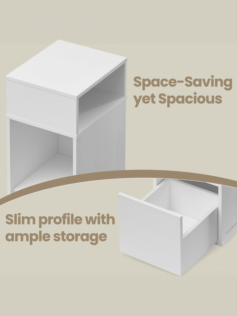 Close-up of the open top compartment above and the pull-out drawer below