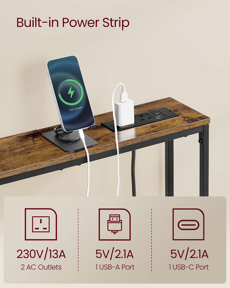 Built-in power strip close-up showing 2 AC outlets at 230V/13A, 1 USB-A port and 1 USB-C port