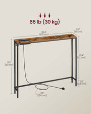 Dimensions diagram of the console table: 100 x 15 x 80 cm, 30 kg load and 150 cm power cord