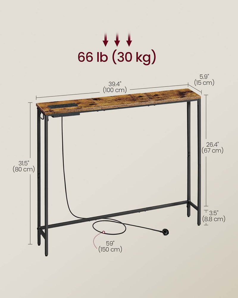 Dimensions diagram of the console table: 100 x 15 x 80 cm, 30 kg load and 150 cm power cord