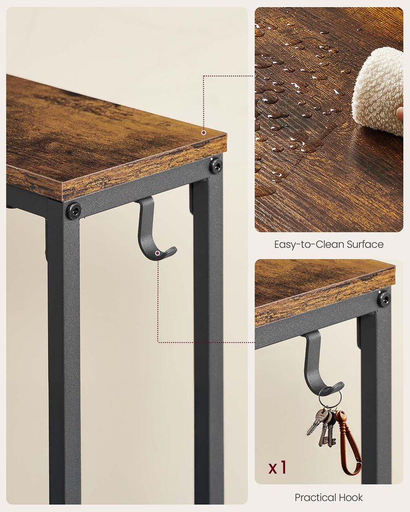 Close-up of the wood-effect easy-to-clean tabletop and the single metal hook holding keys