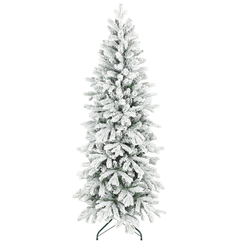 6ft slim green and white flocked pencil Christmas tree on a plain white background