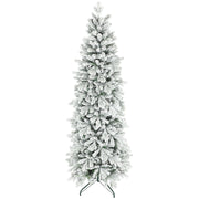 7ft slim green and white flocked pencil Christmas tree on a plain white background
