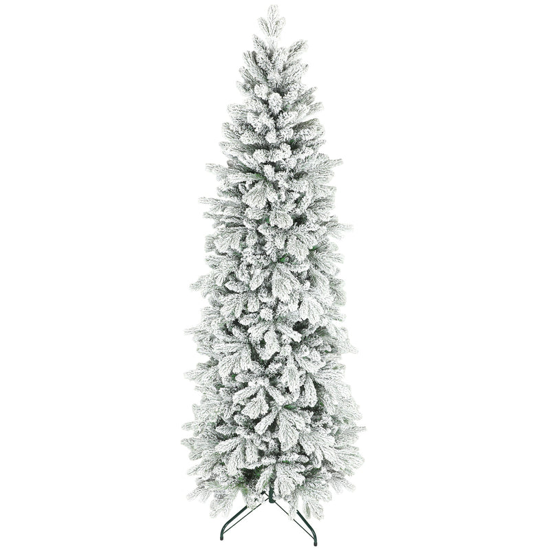 7ft slim green and white flocked pencil Christmas tree on a plain white background