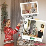 Woman decorating the 7ft slim flocked Christmas tree with a 25 to 30 minute assembly time shown