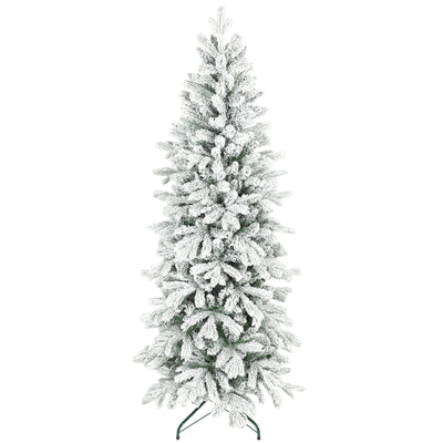 6ft slim green and white flocked pencil Christmas tree on a plain white background