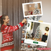 Woman decorating the 6ft slim flocked Christmas tree with a 25 to 30 minute assembly time shown