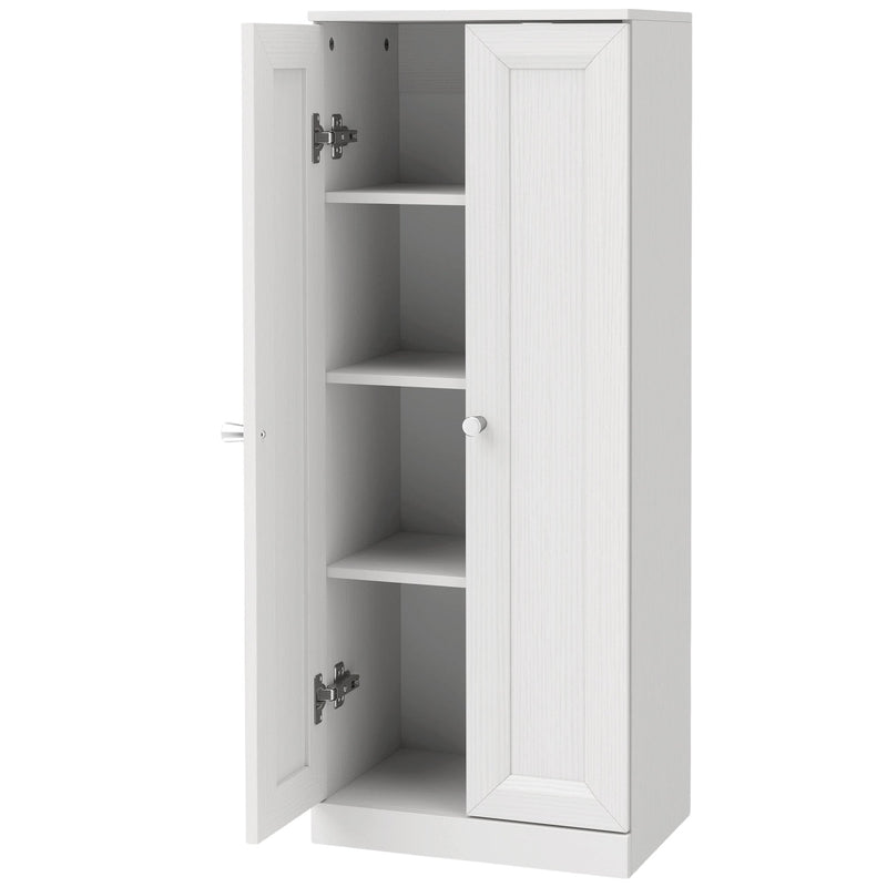 HOMCOM white slim bathroom cabinet, doors open showing four fixed shelves, studio view