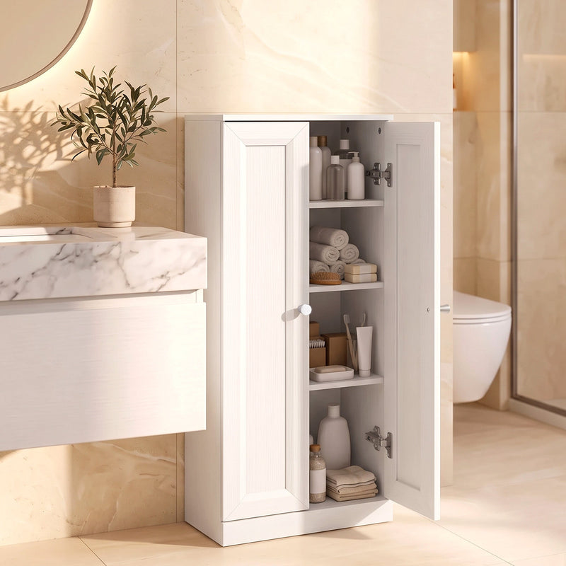 White bathroom cabinet in a bathroom setting beside a vanity unit, one door open showing toiletries