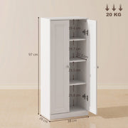 Dimension diagram of bathroom cabinet showing 97 cm height, 38 cm width, 26 cm depth, shelf heights and 20 kg capacity
