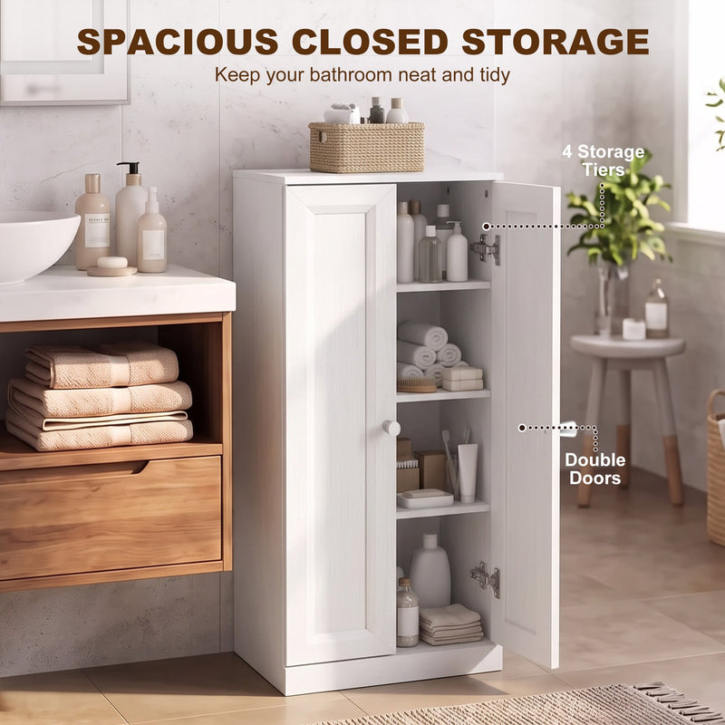 Bathroom cabinet lifestyle image labelled spacious closed storage with 4 storage tiers and double doors callouts