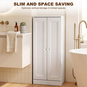 Bathroom cabinet beside a bathtub labelled slim and space saving, optimise vertical storage in limited spaces