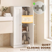 Close-up of bathroom cabinet buffered hinge with quiet closing doors callout
