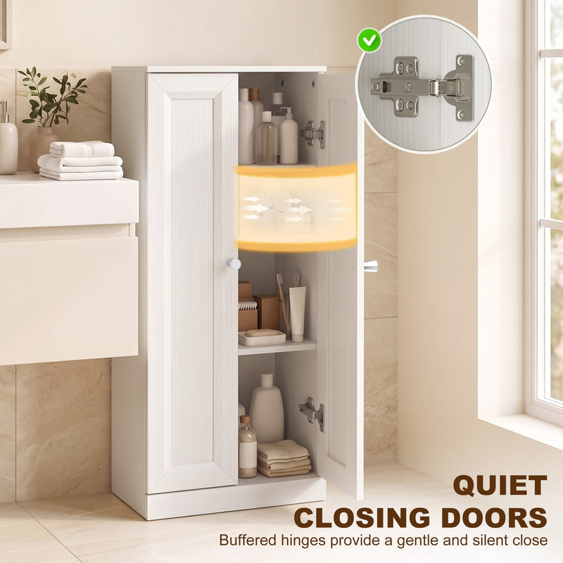 Close-up of bathroom cabinet buffered hinge with quiet closing doors callout
