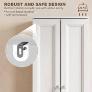 Close-up of bathroom cabinet anti-tip hardware with robust and safe design, particle board and 20 kg capacity callouts
