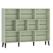 Slim hallway bookcase with 10 open cubes, light green, full studio shot
