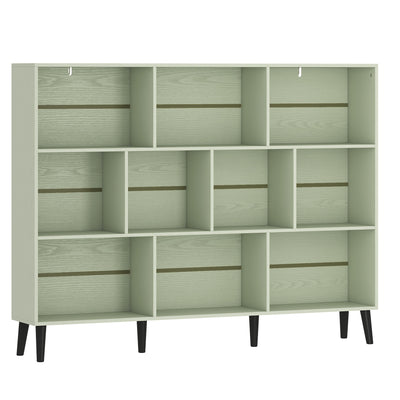 Slim hallway bookcase with 10 open cubes, light green, full studio shot