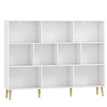 Slim hallway bookcase with 10 open cubes, white wood effect, full studio shot