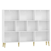 Slim hallway bookcase with 10 open cubes, white wood effect, full studio shot